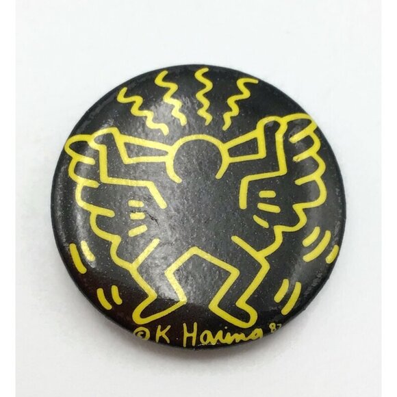 Keith Haring Flying Angel Pin Back Button Black & Yellow Vintage 1987 Pop Art - Picture 1 of 5